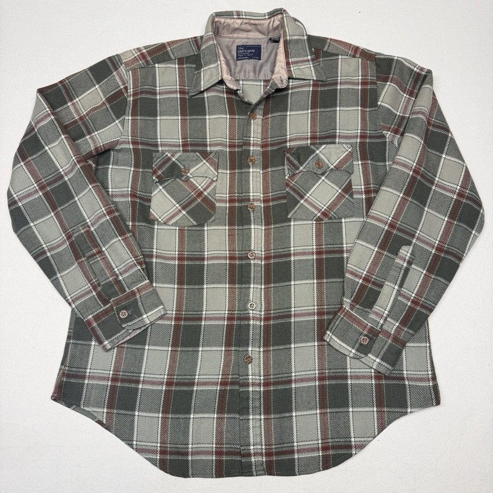 Vintage JC Penney Flannel Button Up Gray Burgundy Plaid Men's L Large Acrylic